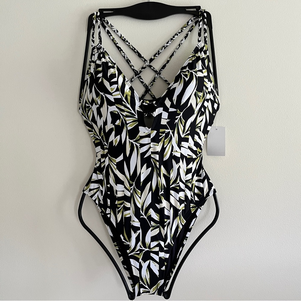 NWT BCBGeneration Strappy Back Green Tropical Leaf One Piece Swimsuit Small